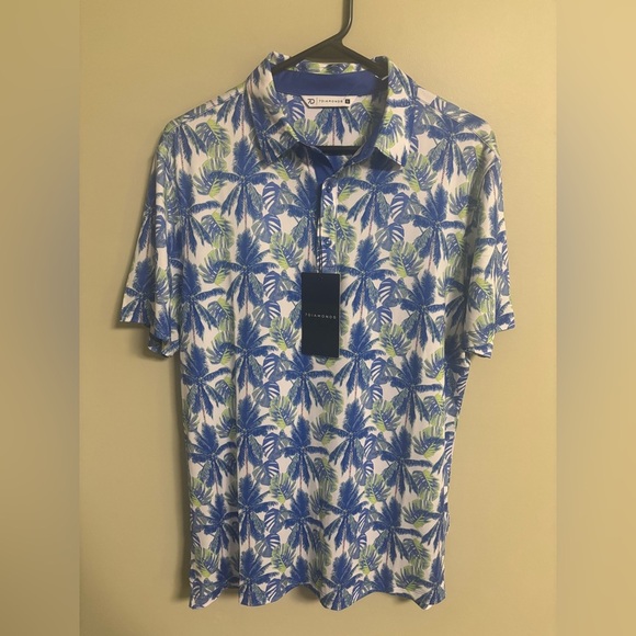 7 Diamonds Polo Size Small Tropical All Over Print 4-Way Stretch New Palm Blue - Picture 1 of 5